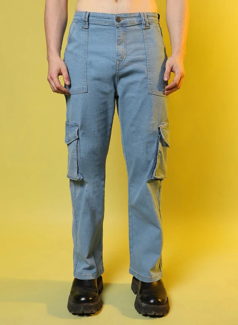 كامبوس سوترا Men's Light Blue Utility Cargo Denim Jeans For Everyday Wear | Light-Wash |  Button Closure | Regular Fit | Denim Jeans Crafted With Comfort Fit For Everyday Wear
